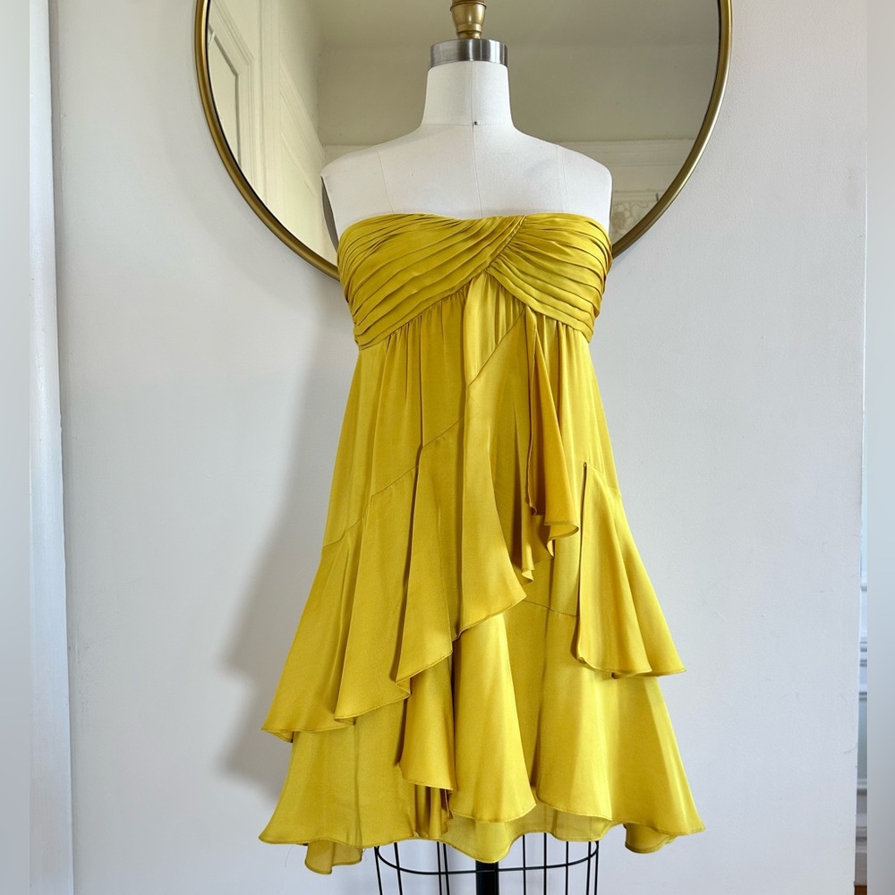 BCBGMaxAzria Strapless Yellow Tiered Mini Dress
